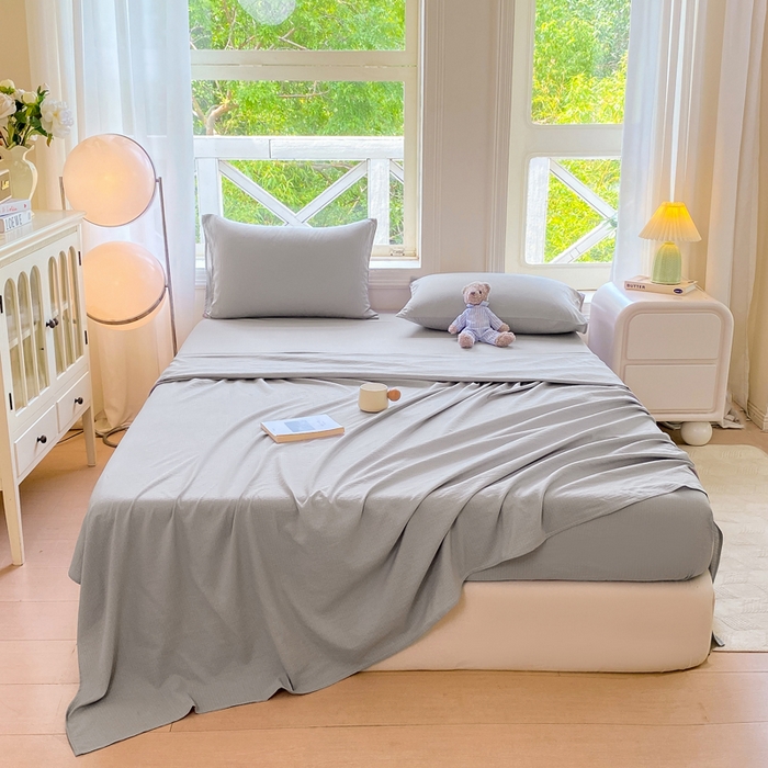 91家纺网 家纺一手货源 找家纺 朵朵家纺 2025新款云感提花双层纱纯色单床单被单（可定做尺寸） 浅灰