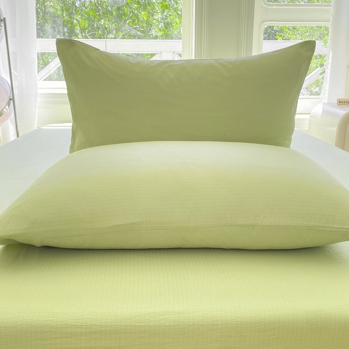 91家纺网 家纺一手货源 找家纺 朵朵家纺 2025新款云感提花双层纱纯色单床单被单（可定做尺寸） 果绿