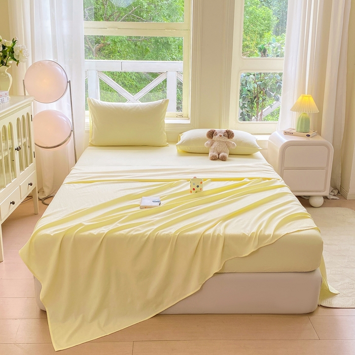 91家纺网 家纺一手货源 找家纺 朵朵家纺 2025新款云感提花双层纱纯色单床单被单（可定做尺寸） 奶黄