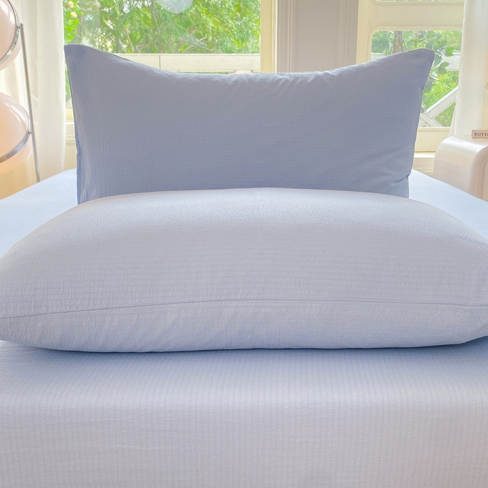 91家纺网 家纺一手货源 找家纺 朵朵家纺 2025新款云感提花双层纱纯色单床单被单（可定做尺寸） 雾蓝