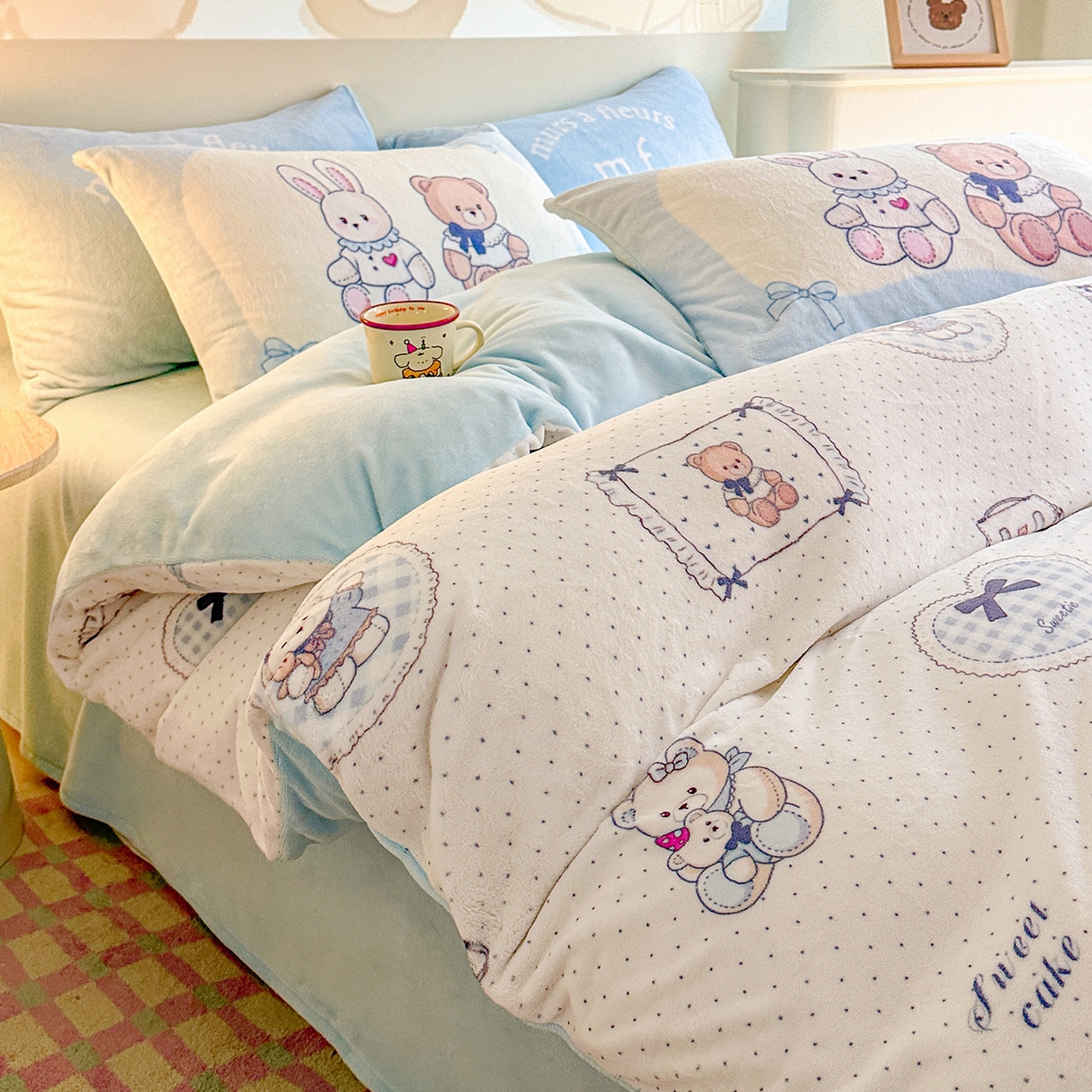 安哆啦家纺 2025新款A类加厚200克牛奶绒印花卡通四件套 贝果宝贝