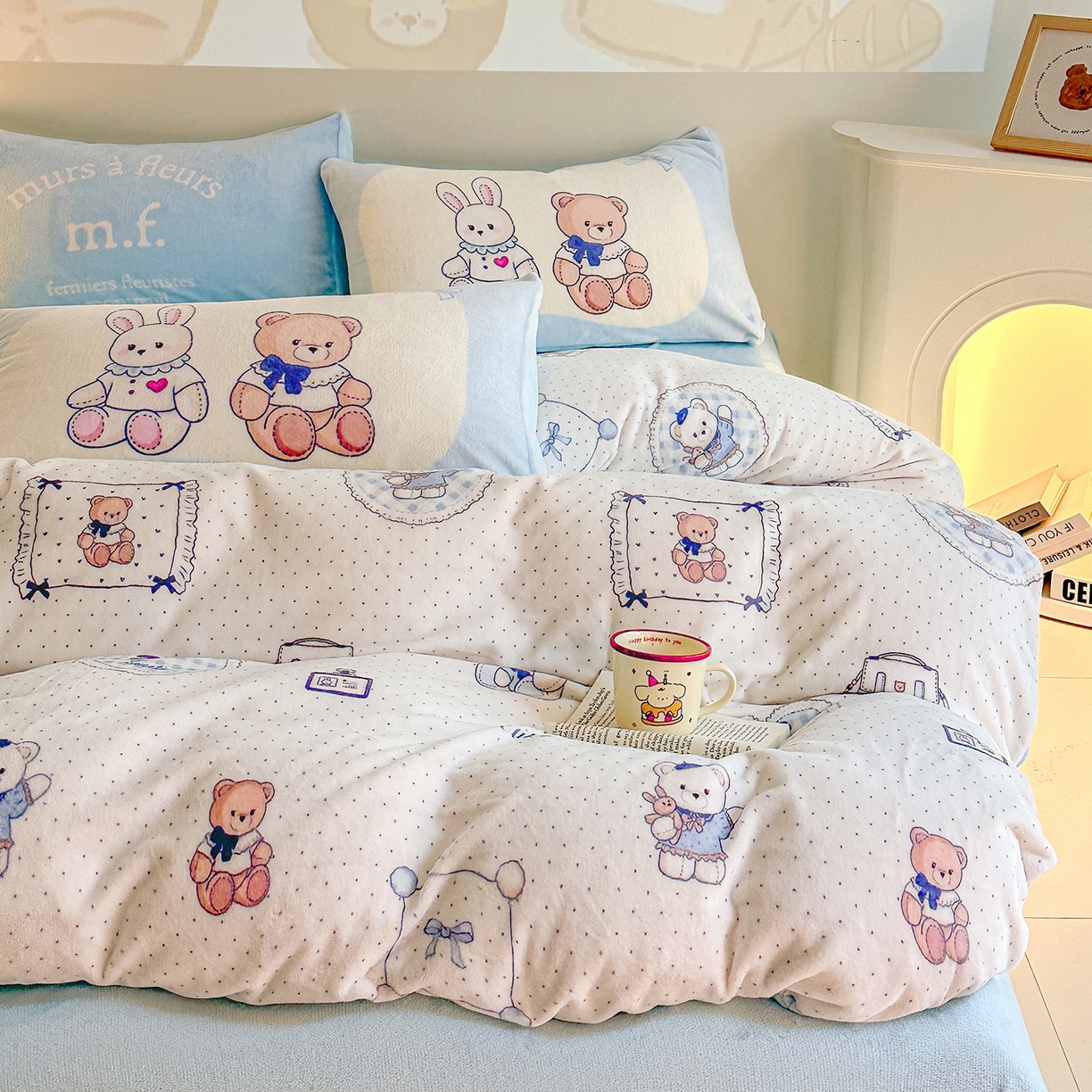 91家纺网 家纺一手货源 找家纺 安哆啦家纺 2025新款A类加厚200克牛奶绒印花卡通四件套 贝果宝贝