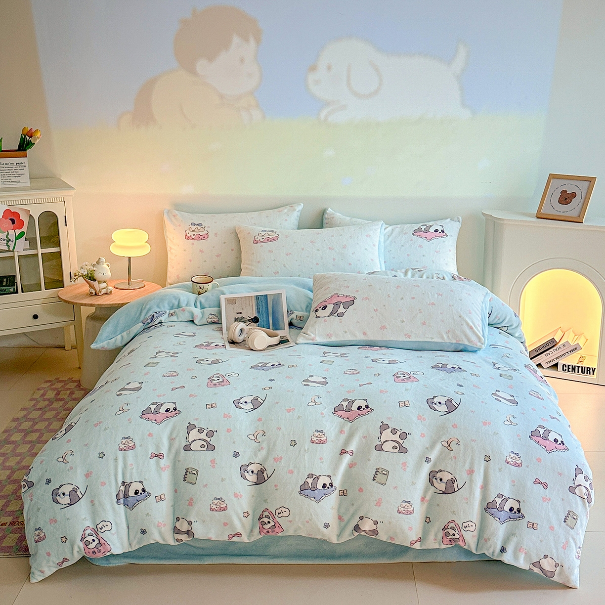 91家纺网 家纺一手货源 找家纺 安哆啦家纺 2025新款A类加厚200克牛奶绒印花卡通四件套 打趣熊猫-蓝