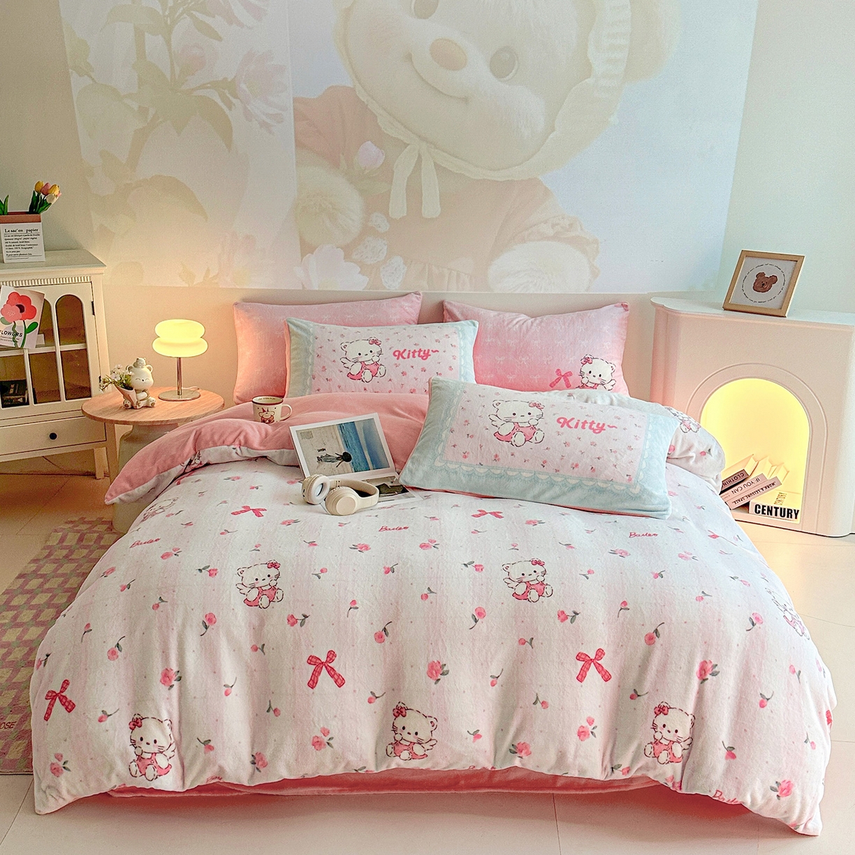 91家纺网 家纺一手货源 找家纺 安哆啦家纺 2025新款A类加厚200克牛奶绒印花卡通四件套 粉色kt