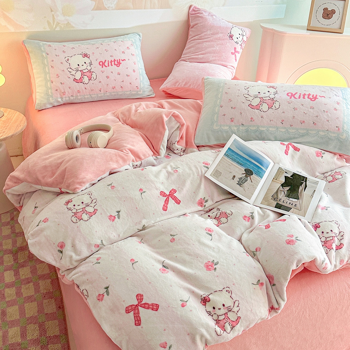 91家纺网 家纺一手货源 找家纺 安哆啦家纺 2025新款A类加厚200克牛奶绒印花卡通四件套 粉色kt