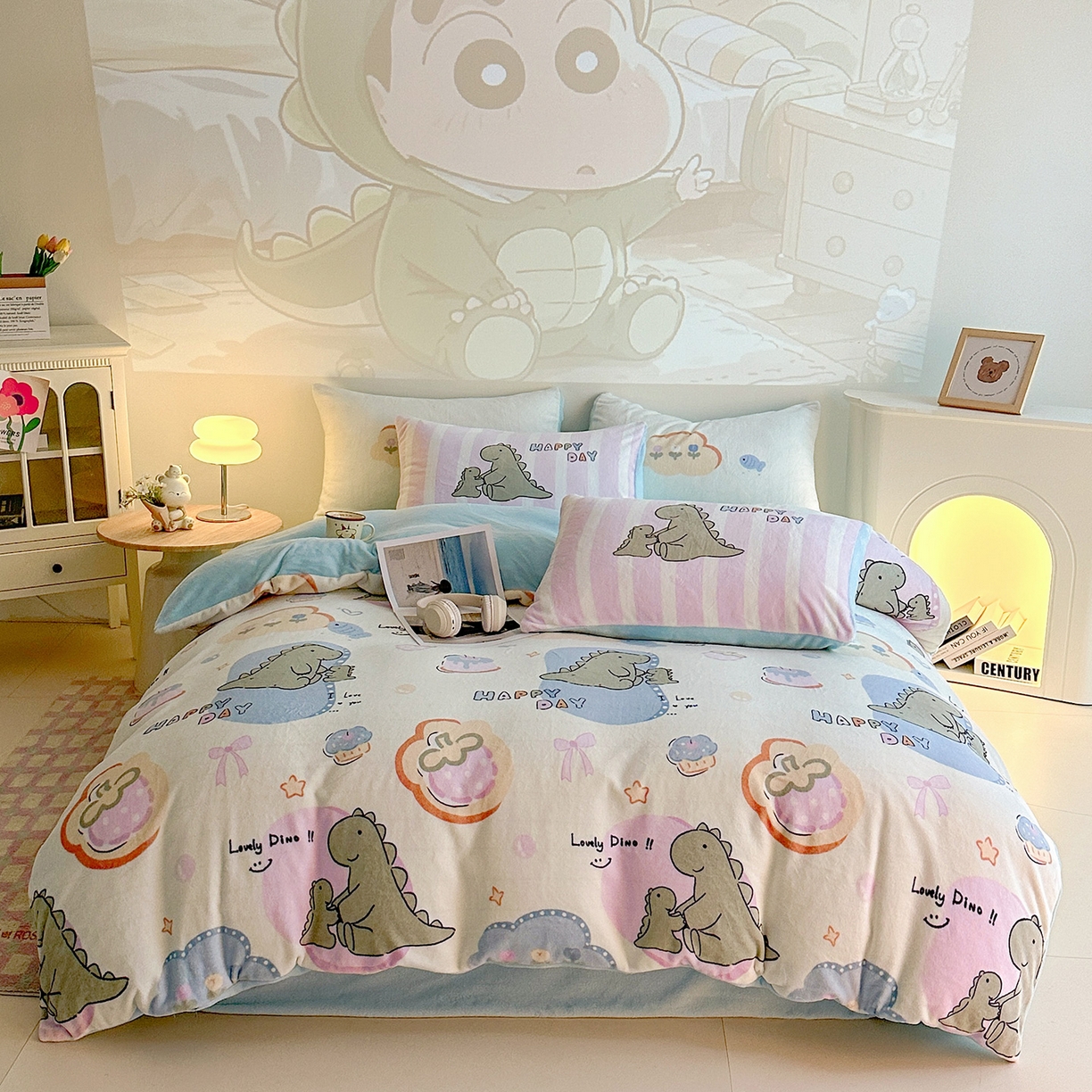 91家纺网 家纺一手货源 找家纺 安哆啦家纺 2025新款A类加厚200克牛奶绒印花卡通四件套 恐龙宝宝-黄