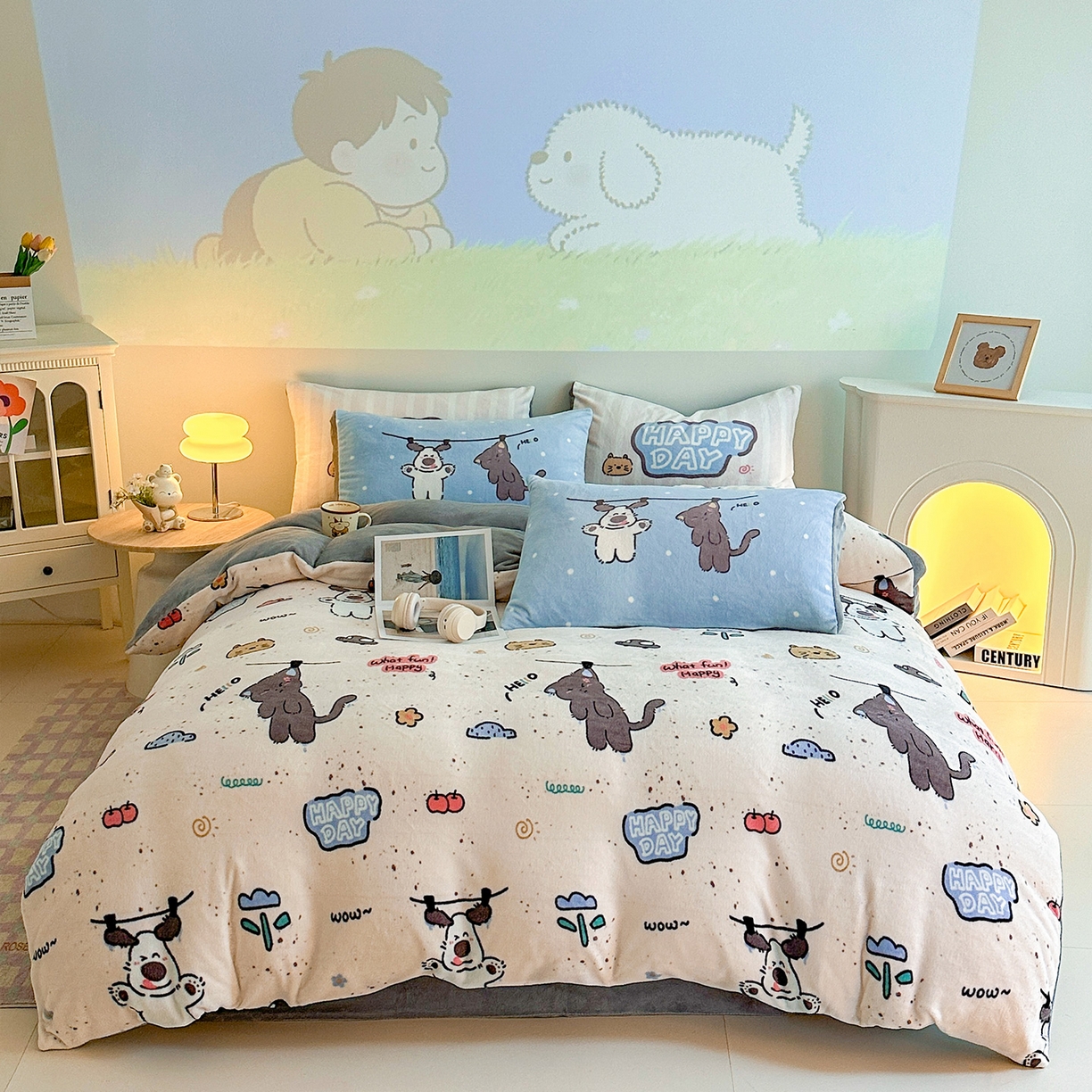 91家纺网 家纺一手货源 找家纺 安哆啦家纺 2025新款A类加厚200克牛奶绒印花卡通四件套 萌喵酷狗-米