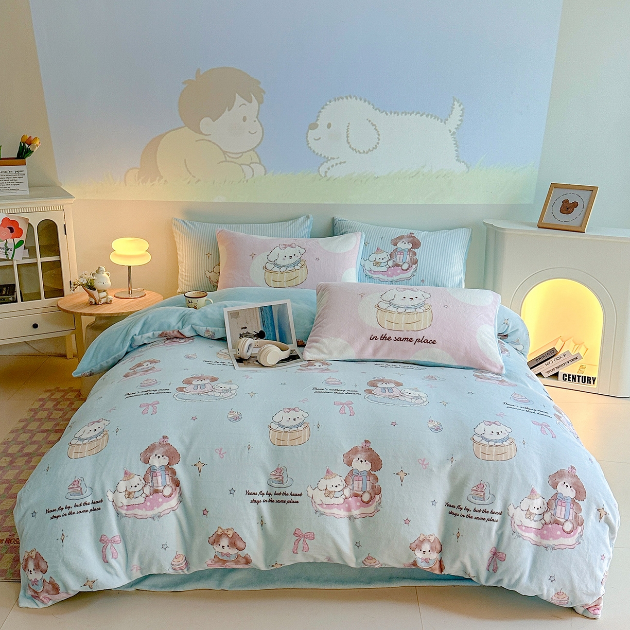 91家纺网 家纺一手货源 找家纺 安哆啦家纺 2025新款A类加厚200克牛奶绒印花卡通四件套 星河狗狗