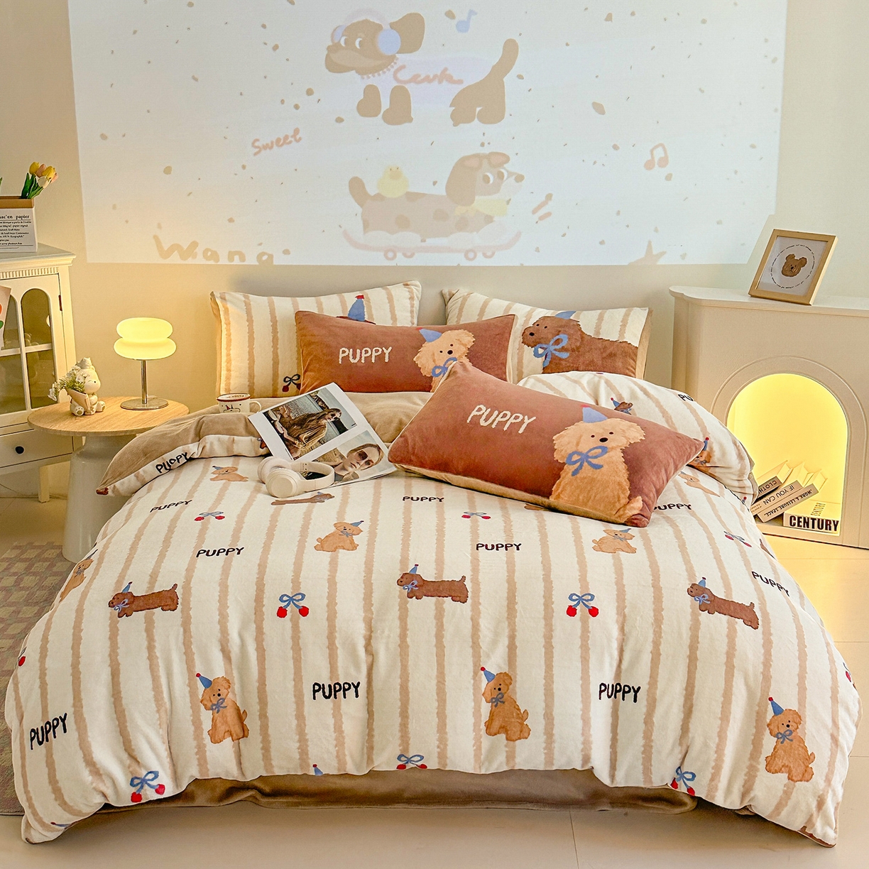 91家纺网 家纺一手货源 找家纺 安哆啦家纺 2025新款A类加厚200克牛奶绒印花卡通四件套 洋气嗨狗-黄