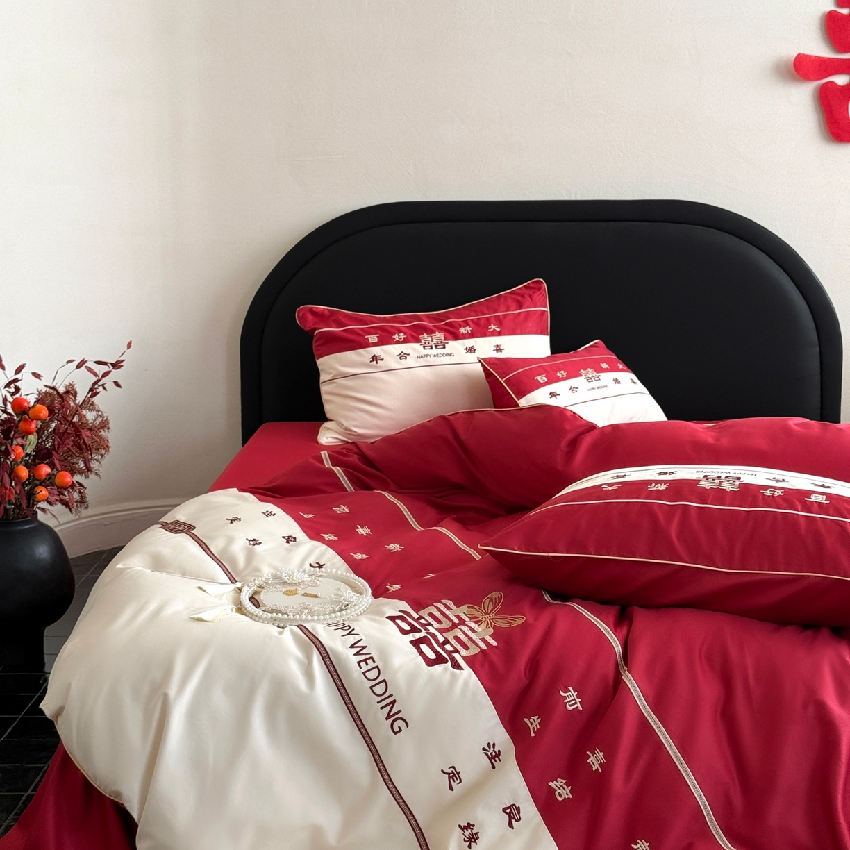 91家纺网 家纺一手货源 找家纺 （总）2025新款长绒棉刺绣四件套-新婚快乐