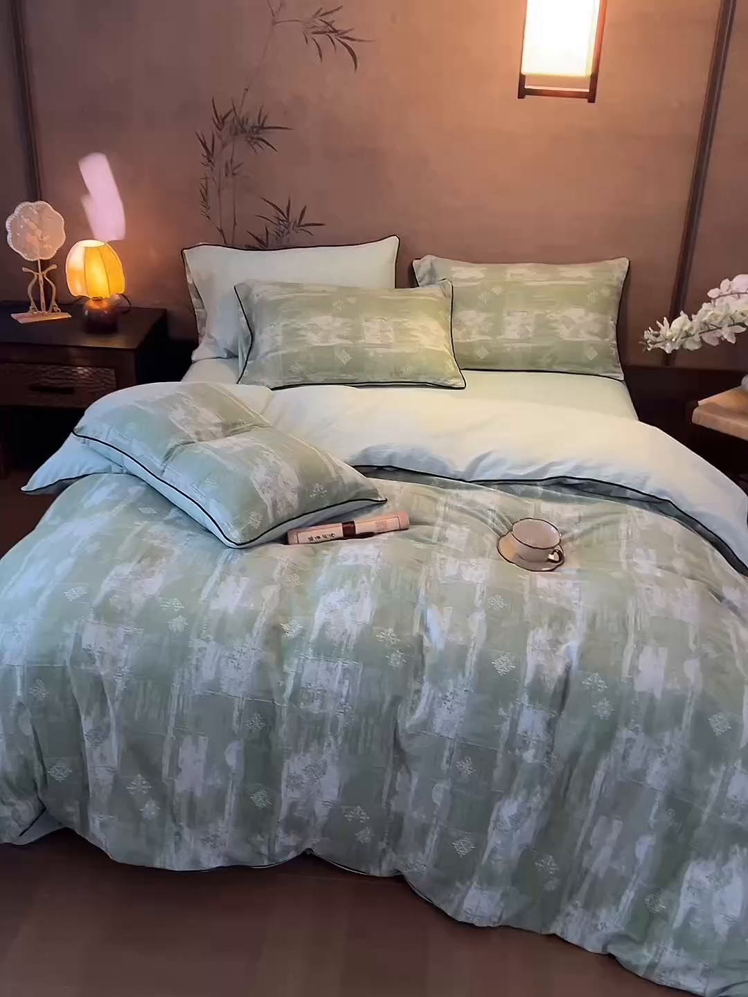 91家纺网 家纺一手货源 找家纺 兰紫橙家纺 2025新款全棉纯棉嵌边色织提花四件套 光芒-草绿