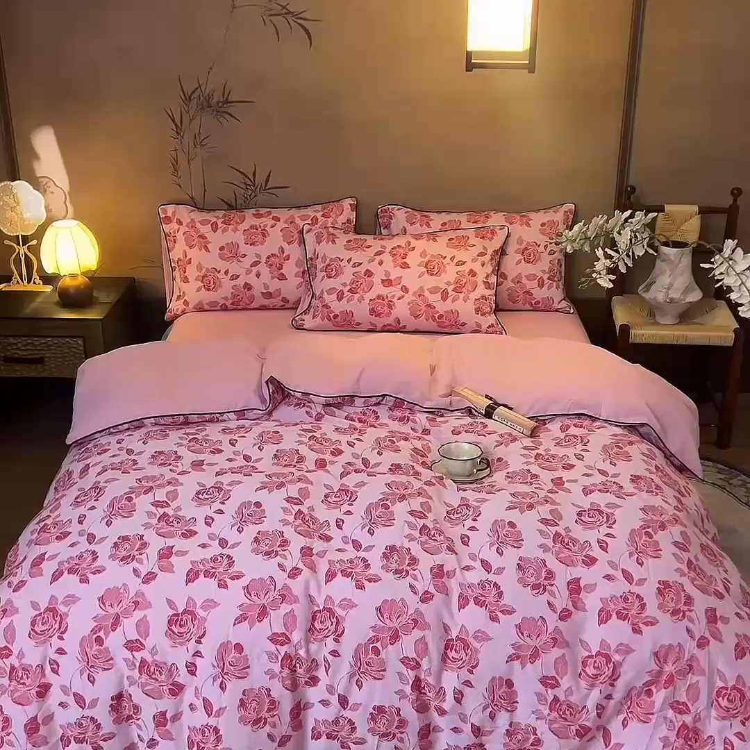 91家纺网 家纺一手货源 找家纺 兰紫橙家纺 2025新款全棉纯棉嵌边色织提花四件套 玫瑰之约-大红