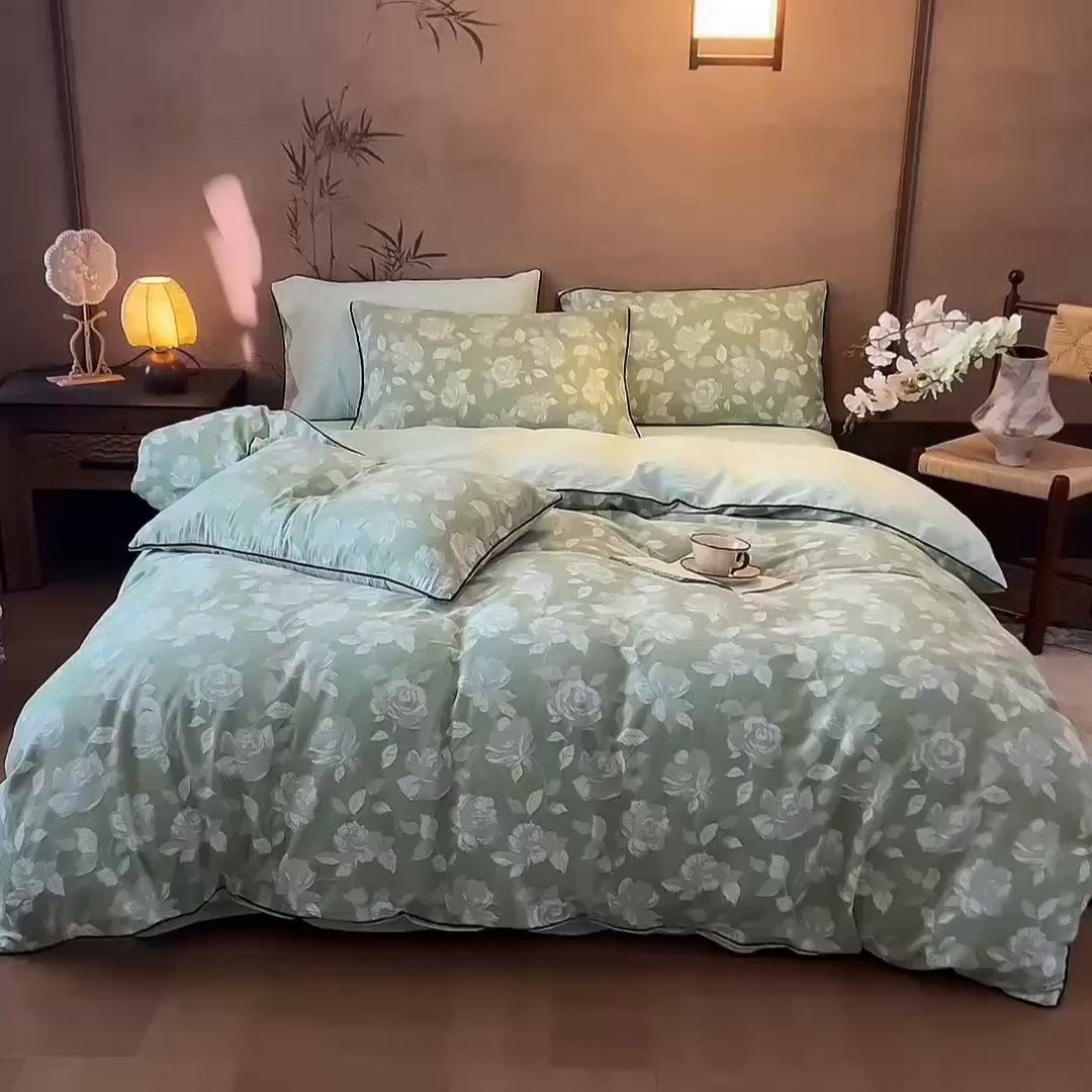 91家纺网 家纺一手货源 找家纺 兰紫橙家纺 2025新款全棉纯棉嵌边色织提花四件套 玫瑰之约-草绿