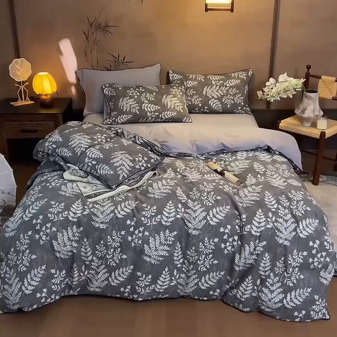 91家纺网 家纺一手货源 找家纺 兰紫橙家纺 2025新款全棉纯棉嵌边色织提花四件套 浅叶-咖啡