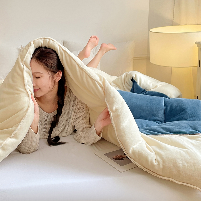 91家纺网 家纺一手货源 找家纺 VIP被业 2025新款高克重加绒加厚牛奶绒冬被拼接设计被子被芯 米蓝