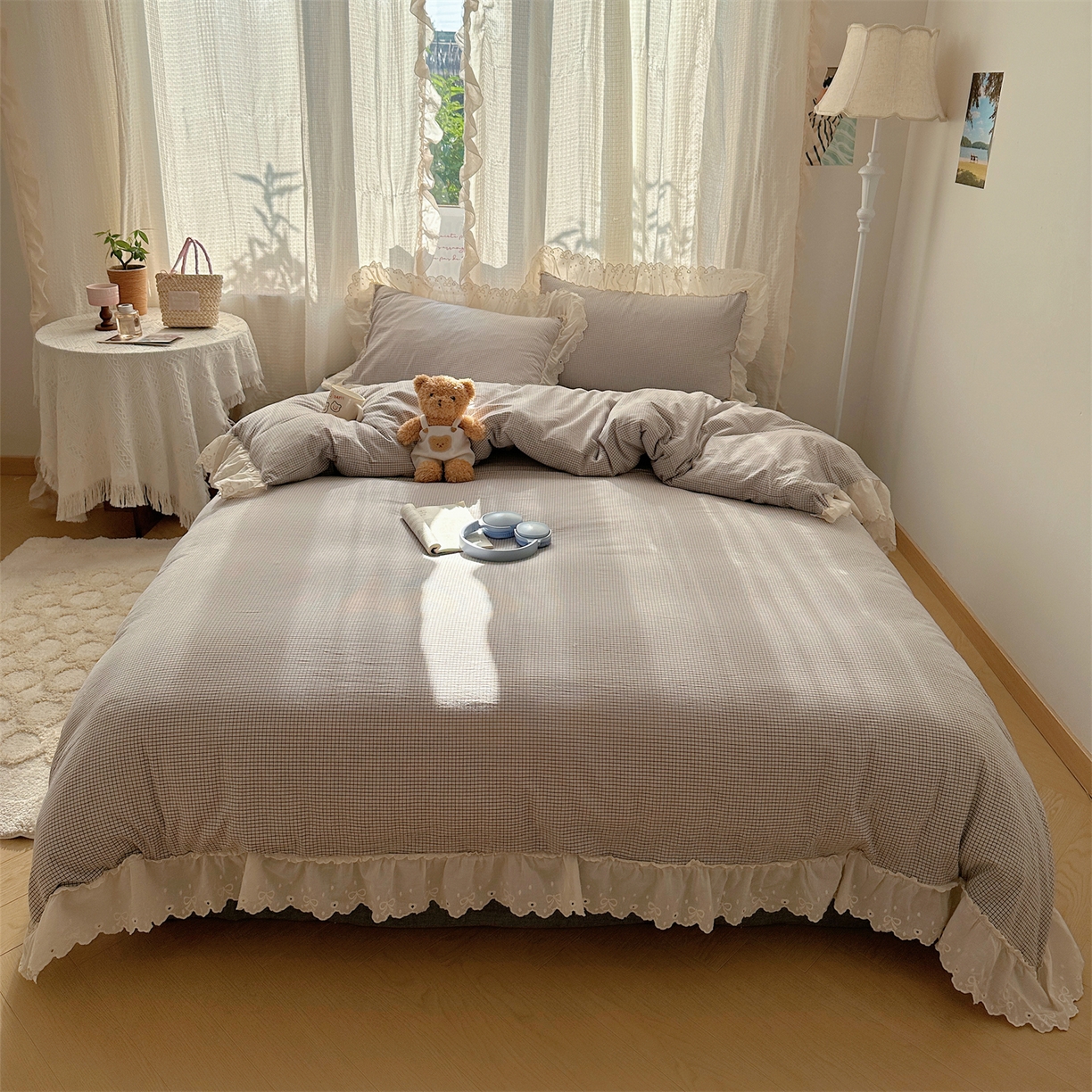 91家纺网 家纺一手货源 找家纺 丽涵家纺 2025新款法式花边全棉色织水洗棉小格子四件套 泡芙-黑格