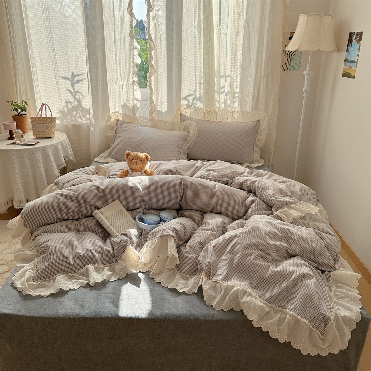 91家纺网 家纺一手货源 找家纺 丽涵家纺 2025新款法式花边全棉色织水洗棉小格子四件套 泡芙-黑格