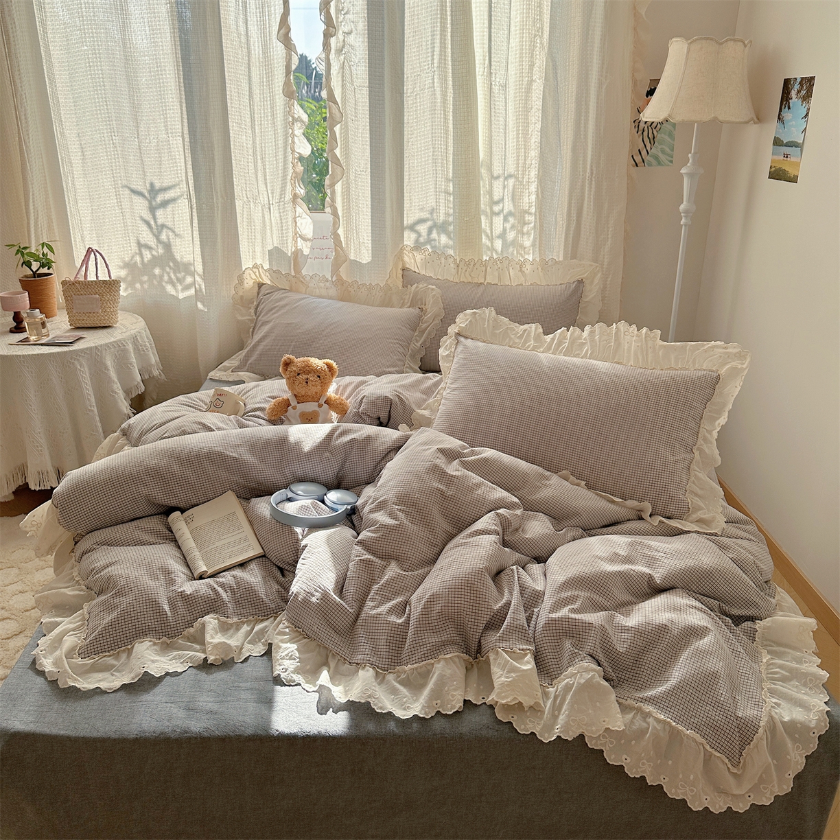 91家纺网 家纺一手货源 找家纺 丽涵家纺 2025新款法式花边全棉色织水洗棉小格子四件套 泡芙-黑格