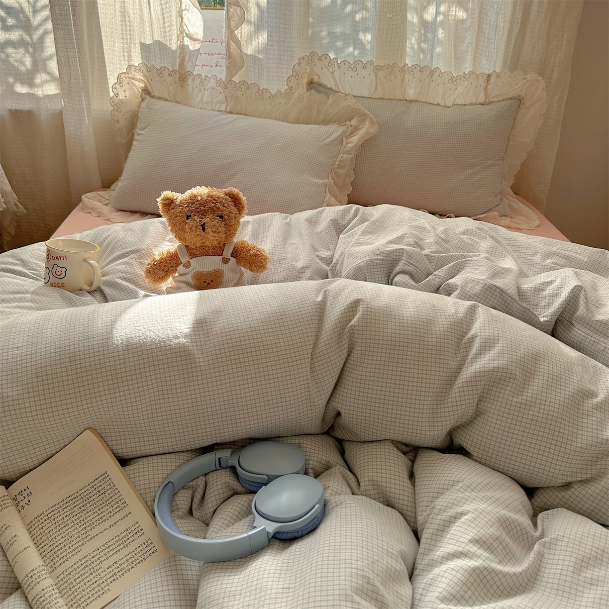 91家纺网 家纺一手货源 找家纺 丽涵家纺 2025新款法式花边全棉色织水洗棉小格子四件套 泡芙-蓝格