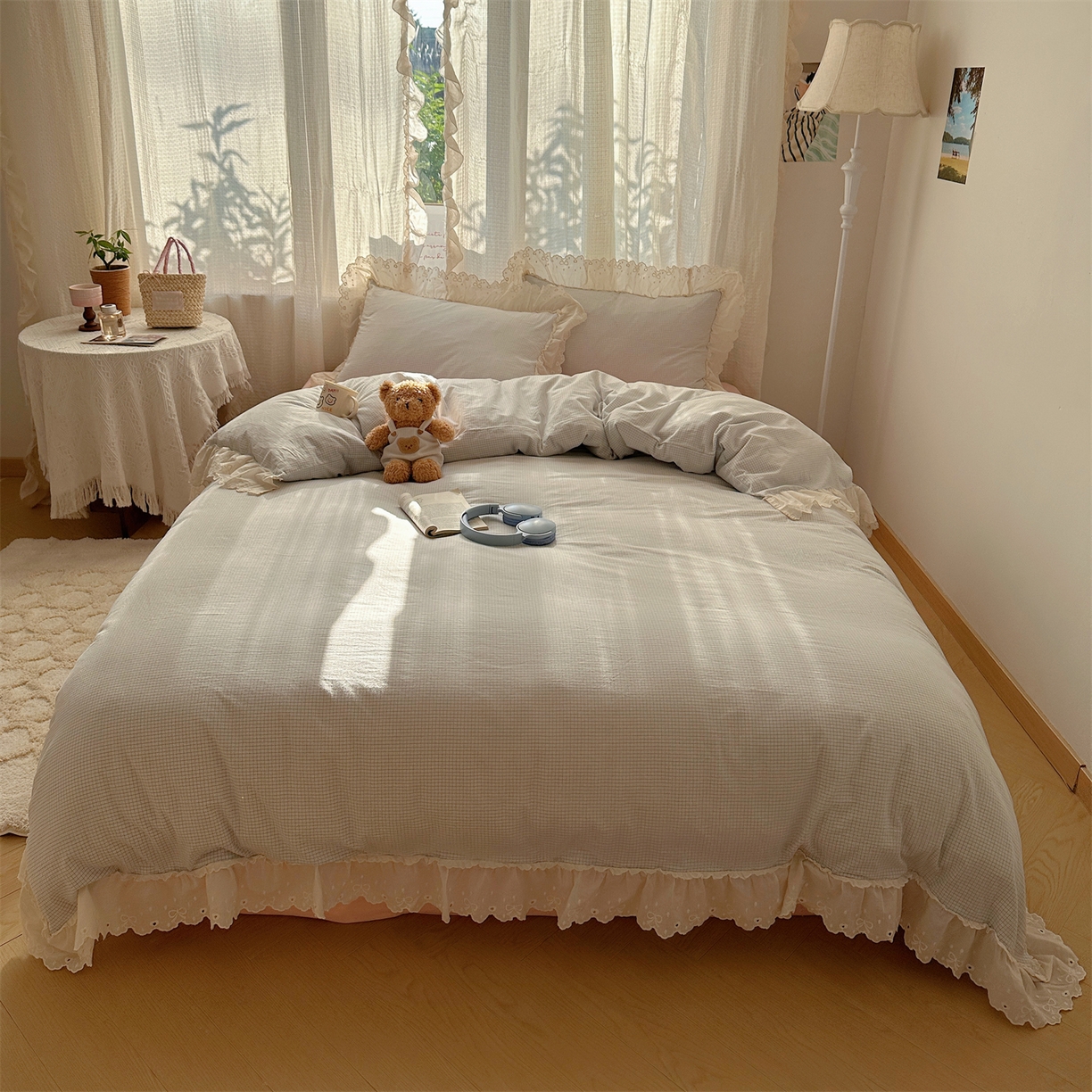 91家纺网 家纺一手货源 找家纺 丽涵家纺 2025新款法式花边全棉色织水洗棉小格子四件套 泡芙-蓝格