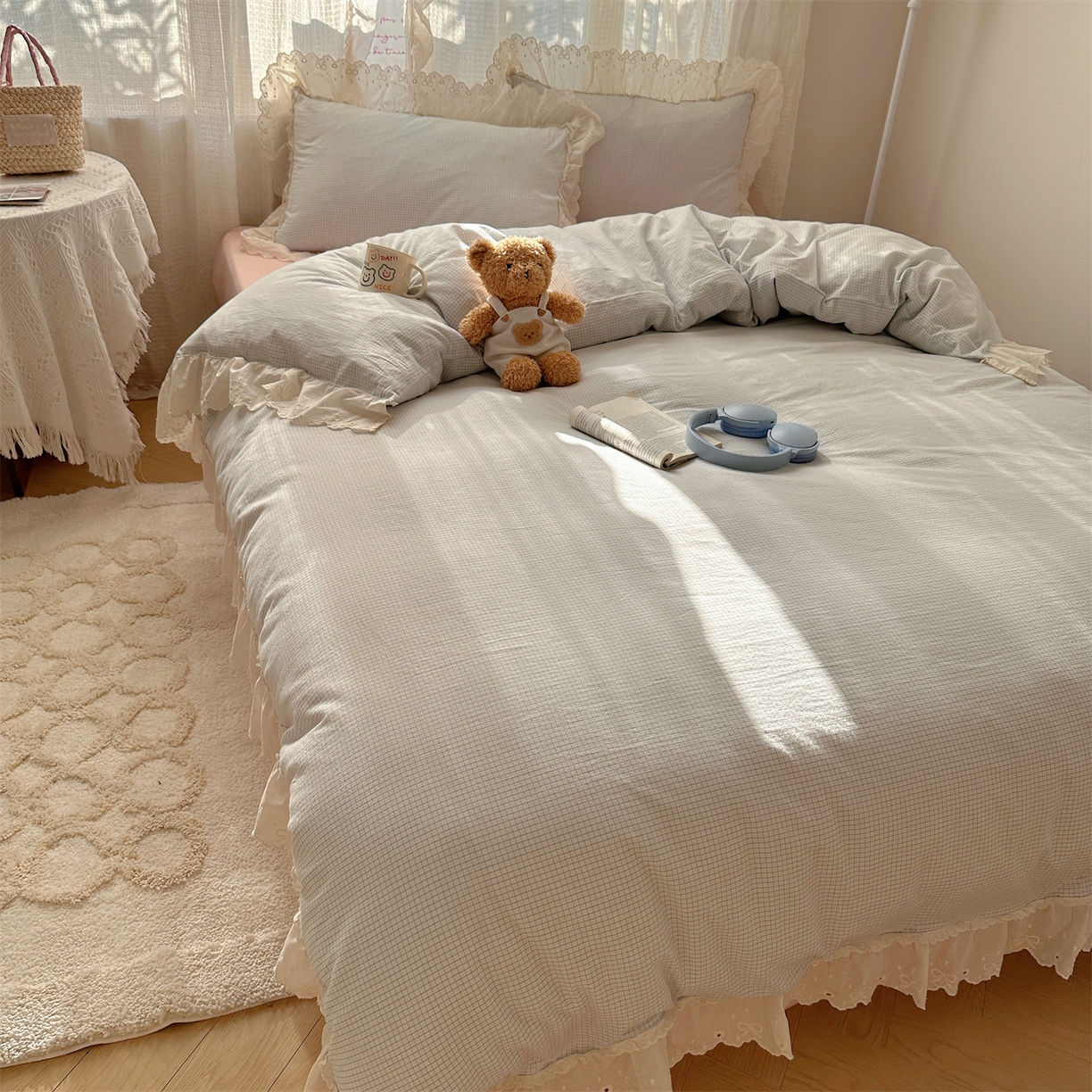 91家纺网 家纺一手货源 找家纺 丽涵家纺 2025新款法式花边全棉色织水洗棉小格子四件套 泡芙-蓝格