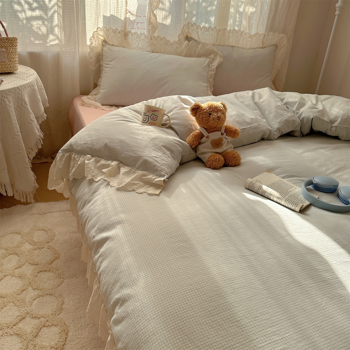 91家纺网 家纺一手货源 找家纺 丽涵家纺 2025新款法式花边全棉色织水洗棉小格子四件套 泡芙-蓝格