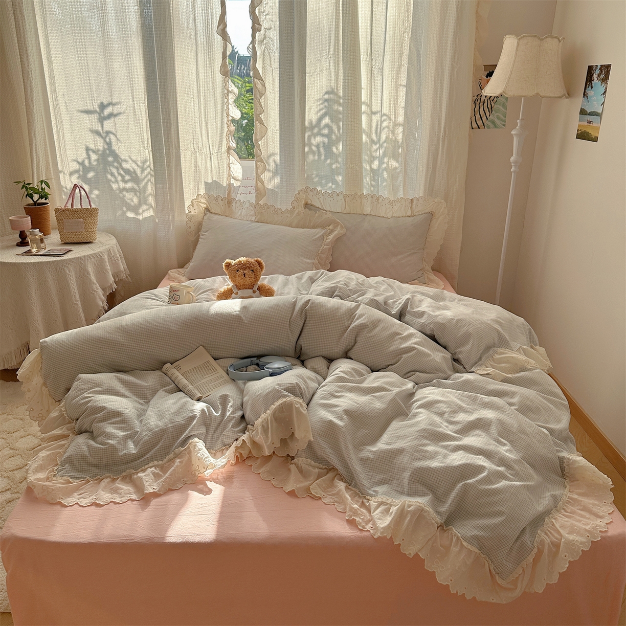 91家纺网 家纺一手货源 找家纺 丽涵家纺 2025新款法式花边全棉色织水洗棉小格子四件套 泡芙-蓝格