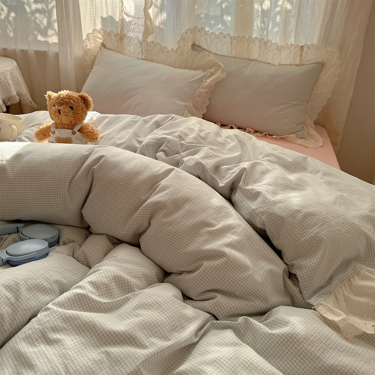 91家纺网 家纺一手货源 找家纺 丽涵家纺 2025新款法式花边全棉色织水洗棉小格子四件套 泡芙-蓝格