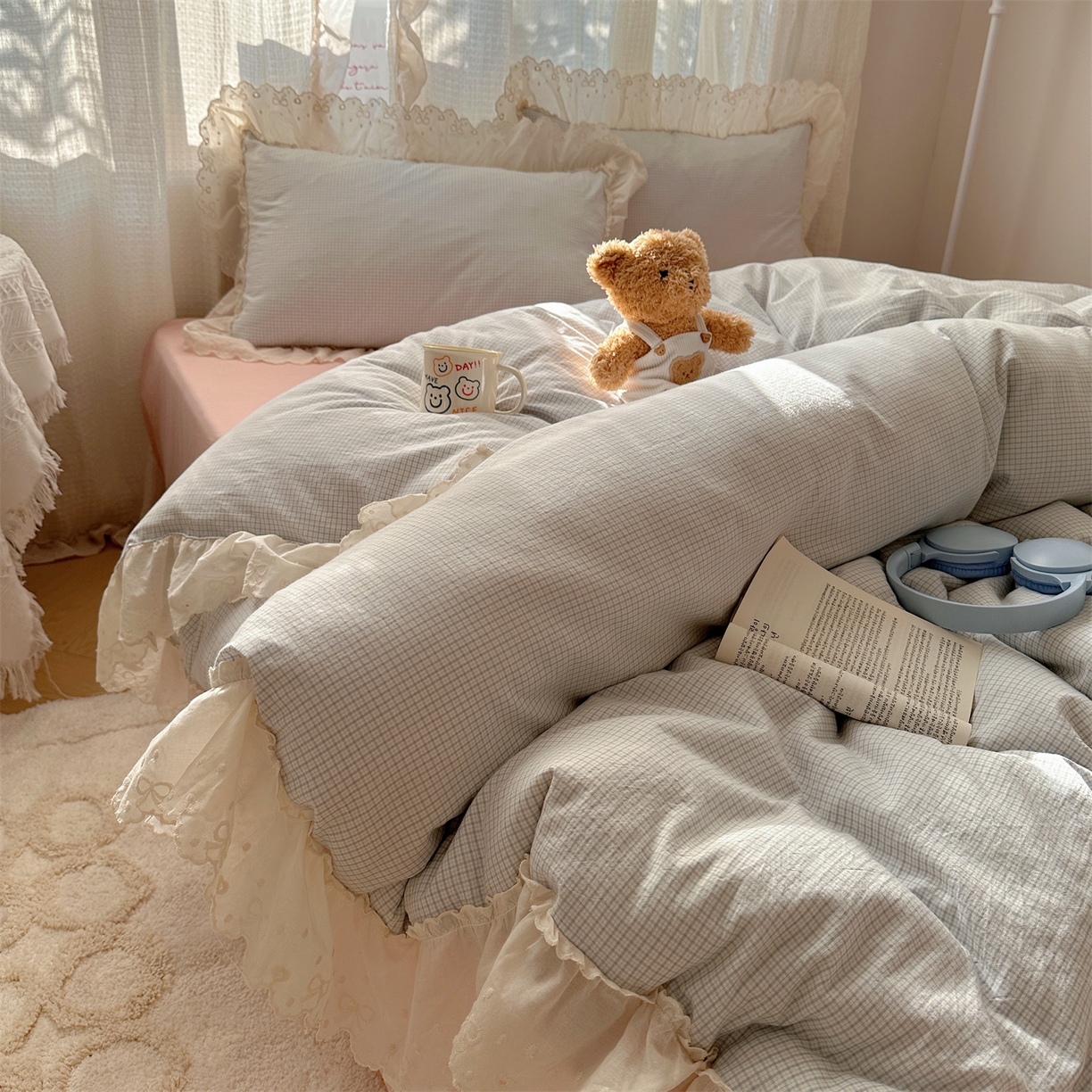 91家纺网 家纺一手货源 找家纺 丽涵家纺 2025新款法式花边全棉色织水洗棉小格子四件套 泡芙-蓝格