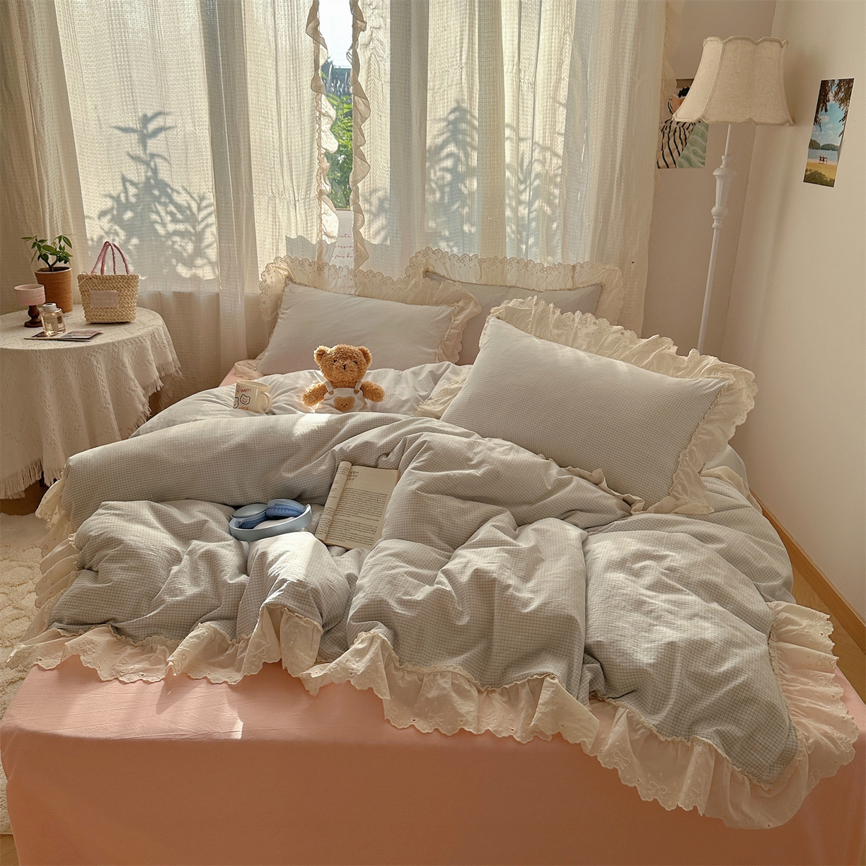 91家纺网 家纺一手货源 找家纺 丽涵家纺 2025新款法式花边全棉色织水洗棉小格子四件套 泡芙-蓝格