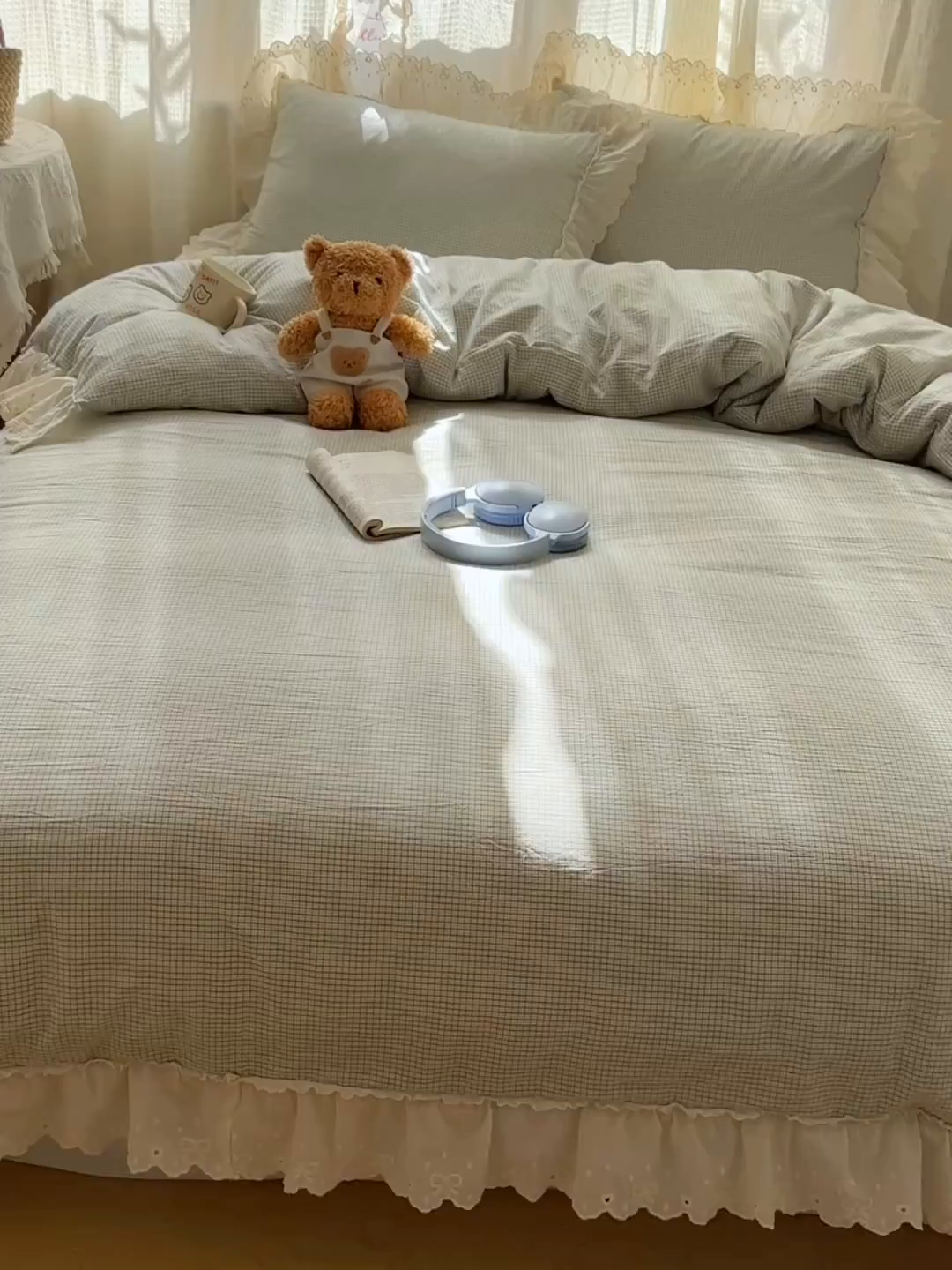 91家纺网 家纺一手货源 找家纺 丽涵家纺 2025新款法式花边全棉色织水洗棉小格子四件套 泡芙-蓝格