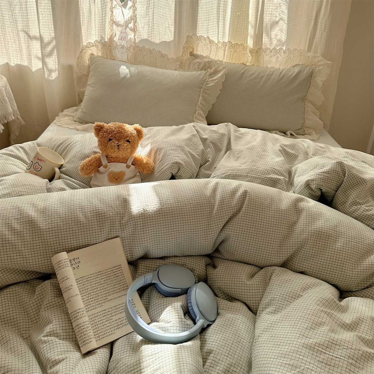 91家纺网 家纺一手货源 找家纺 丽涵家纺 2025新款法式花边全棉色织水洗棉小格子四件套 泡芙-绿格