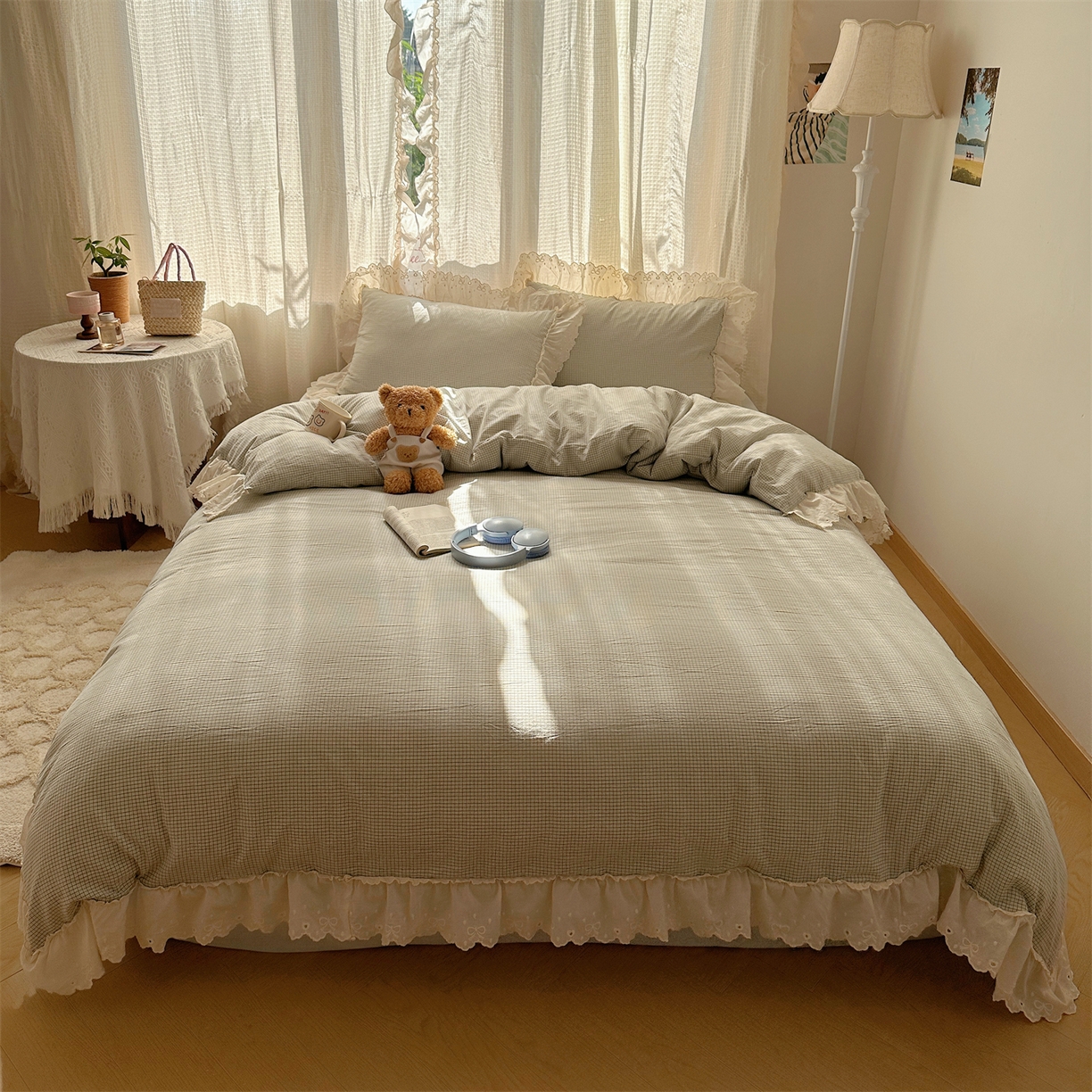 91家纺网 家纺一手货源 找家纺 丽涵家纺 2025新款法式花边全棉色织水洗棉小格子四件套 泡芙-绿格