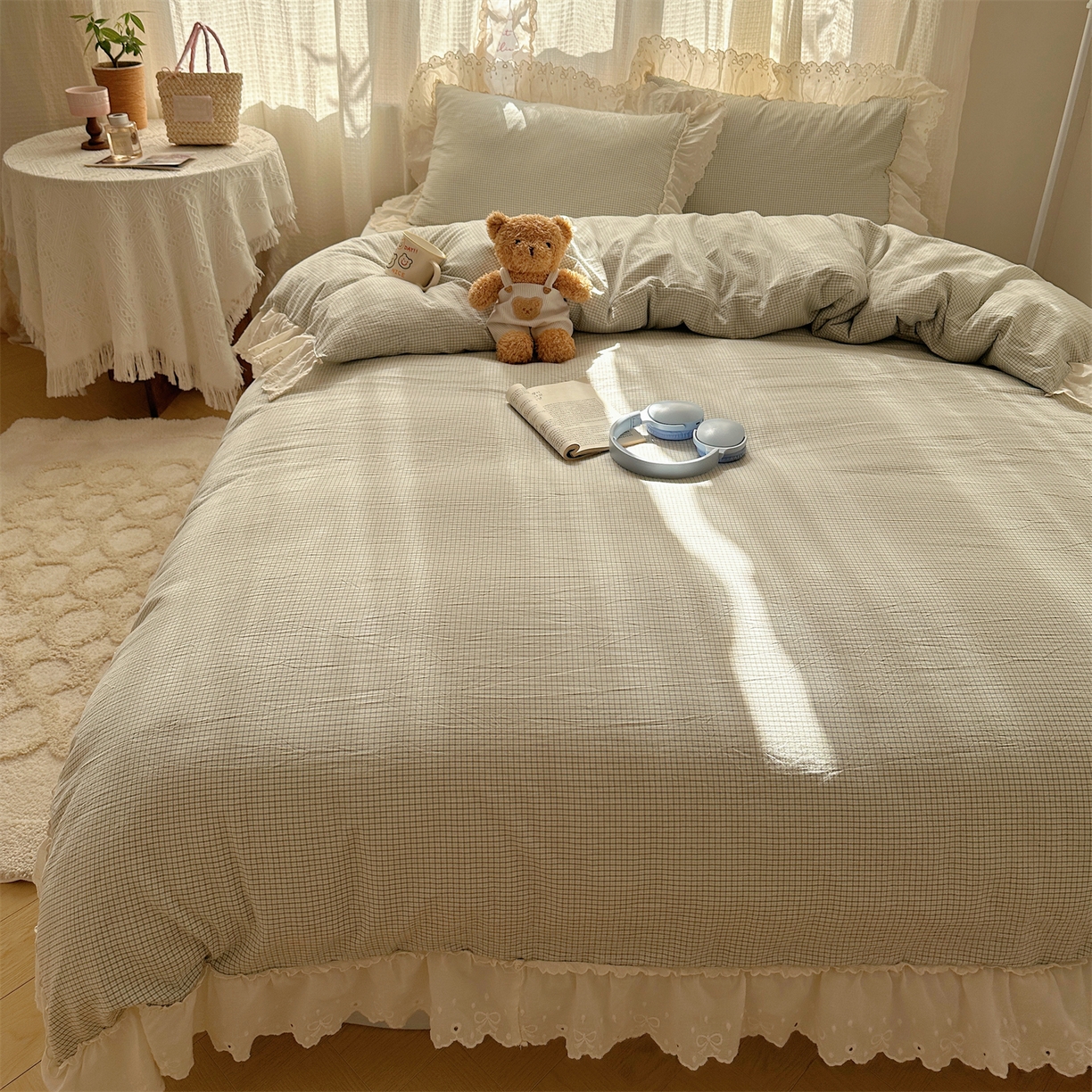 91家纺网 家纺一手货源 找家纺 丽涵家纺 2025新款法式花边全棉色织水洗棉小格子四件套 泡芙-绿格