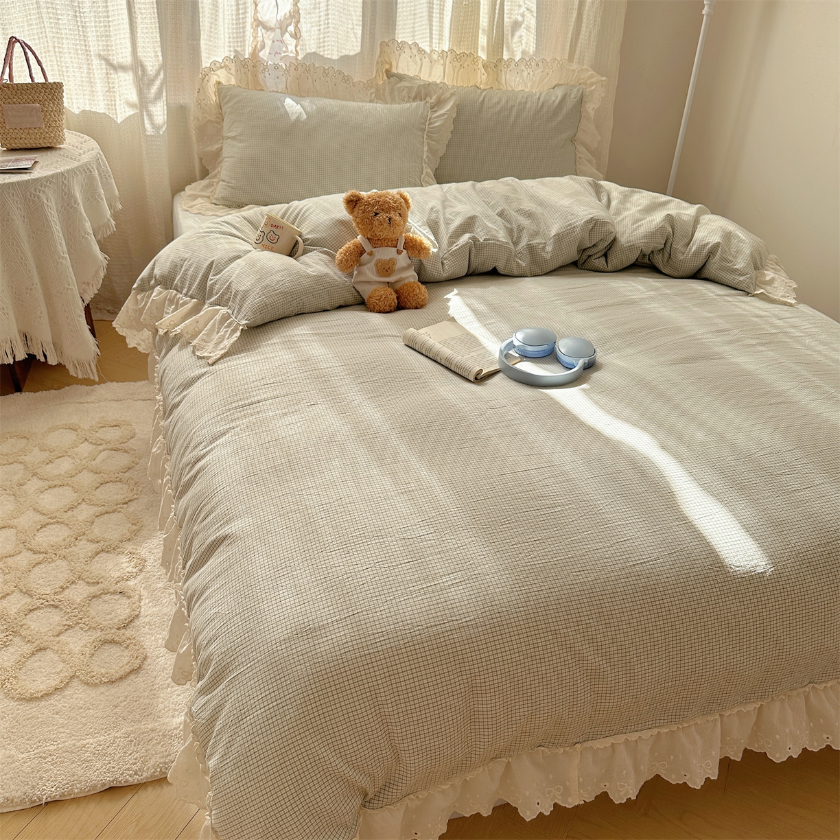 91家纺网 家纺一手货源 找家纺 丽涵家纺 2025新款法式花边全棉色织水洗棉小格子四件套 泡芙-绿格