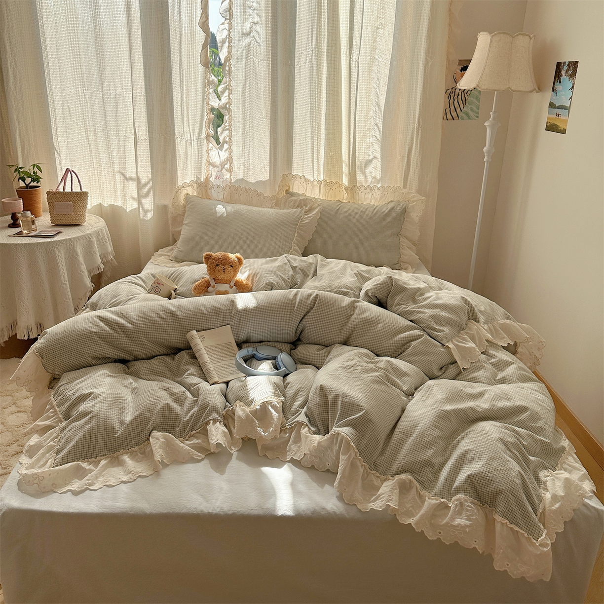 91家纺网 家纺一手货源 找家纺 丽涵家纺 2025新款法式花边全棉色织水洗棉小格子四件套 泡芙-绿格