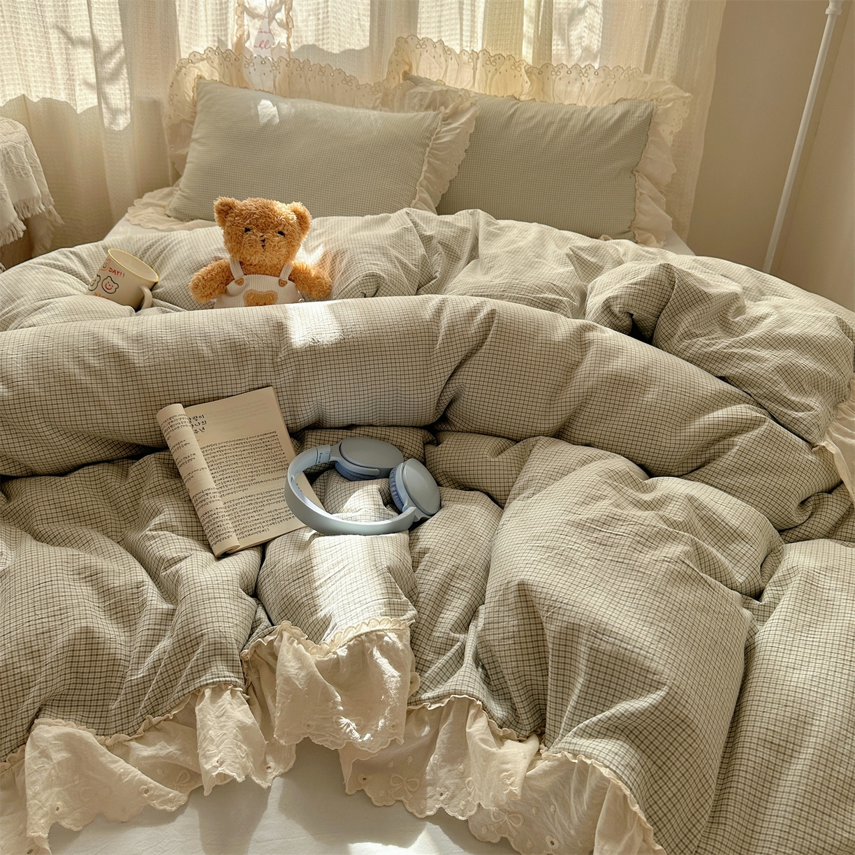 91家纺网 家纺一手货源 找家纺 丽涵家纺 2025新款法式花边全棉色织水洗棉小格子四件套 泡芙-绿格