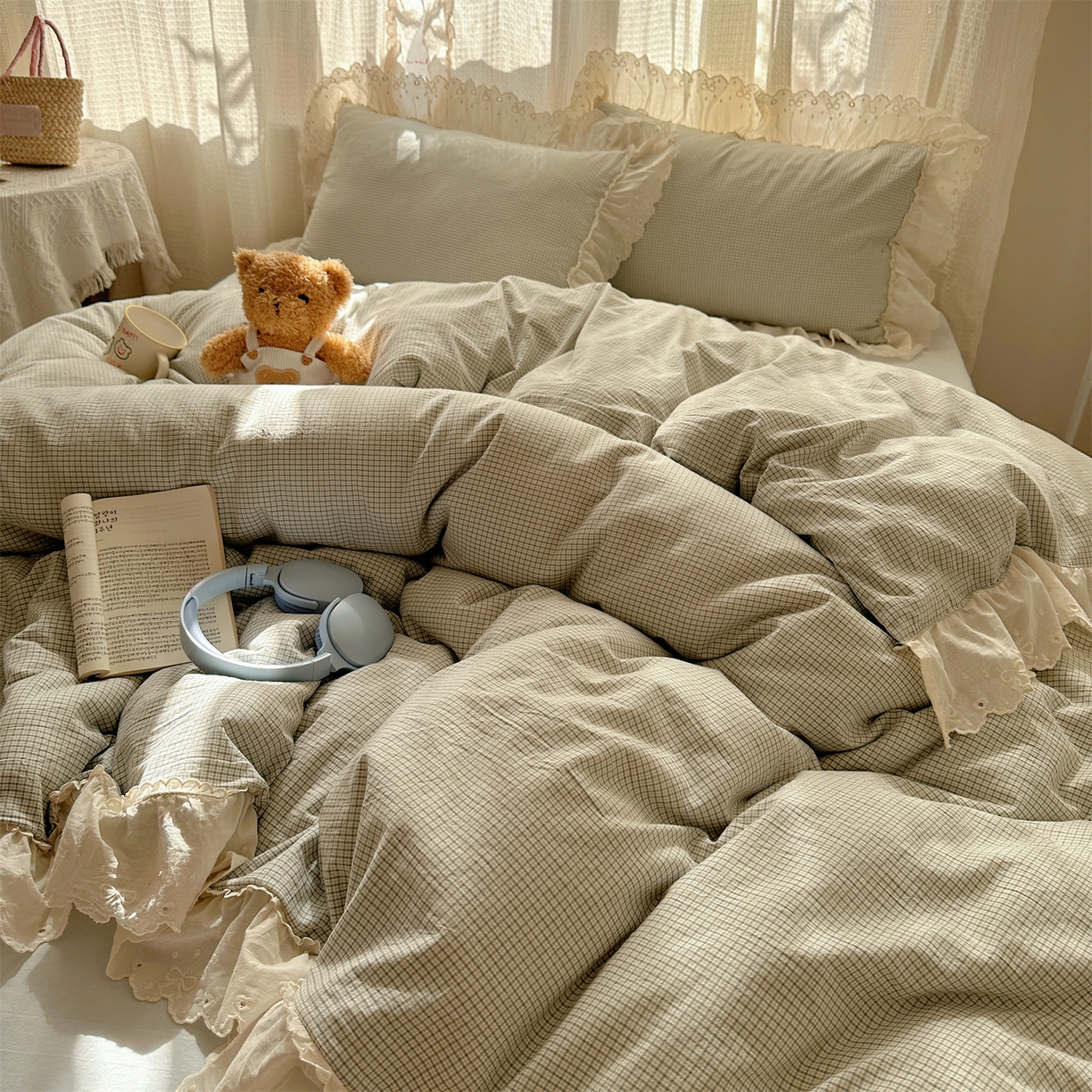 91家纺网 家纺一手货源 找家纺 丽涵家纺 2025新款法式花边全棉色织水洗棉小格子四件套 泡芙-绿格