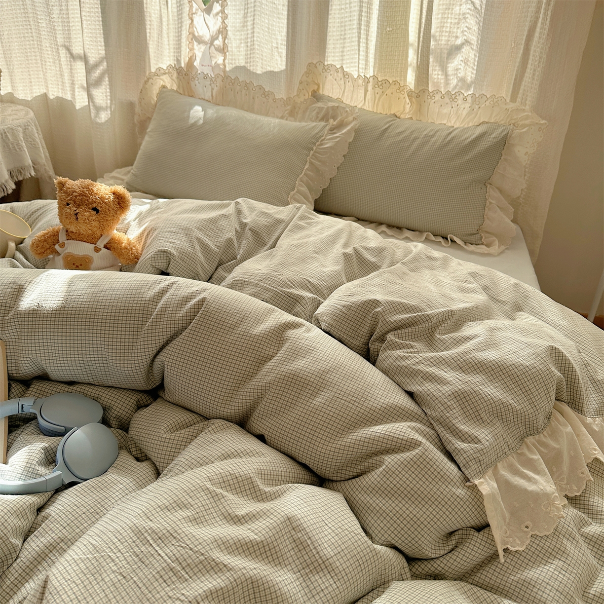 91家纺网 家纺一手货源 找家纺 丽涵家纺 2025新款法式花边全棉色织水洗棉小格子四件套 泡芙-绿格