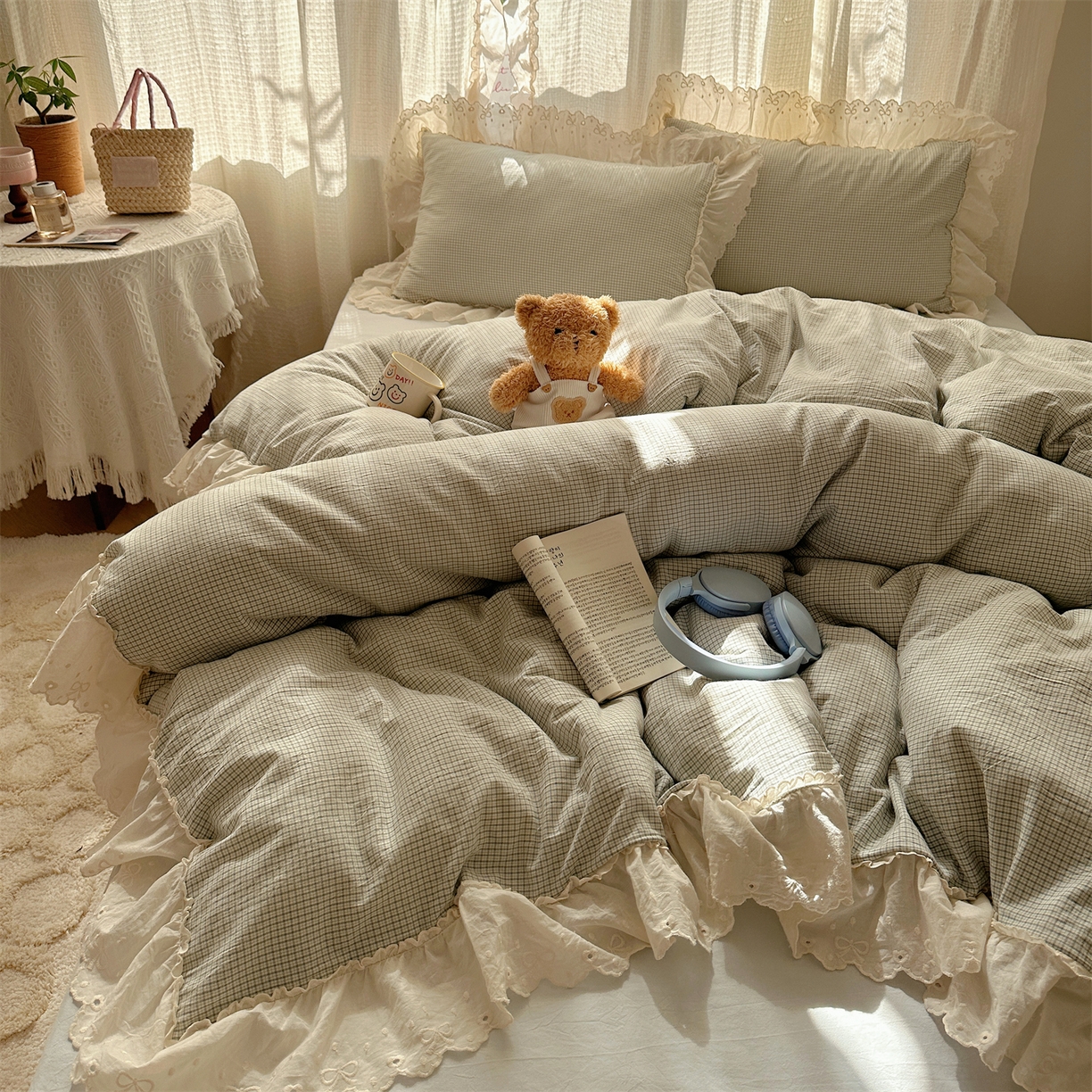 91家纺网 家纺一手货源 找家纺 丽涵家纺 2025新款法式花边全棉色织水洗棉小格子四件套 泡芙-绿格