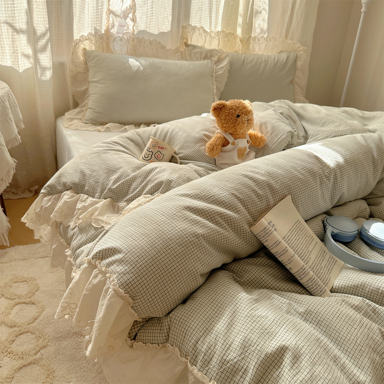 91家纺网 家纺一手货源 找家纺 丽涵家纺 2025新款法式花边全棉色织水洗棉小格子四件套 泡芙-绿格