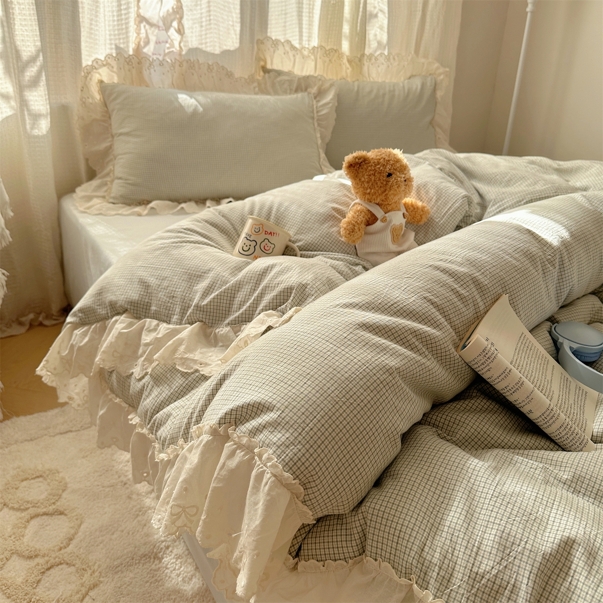 91家纺网 家纺一手货源 找家纺 丽涵家纺 2025新款法式花边全棉色织水洗棉小格子四件套 泡芙-绿格