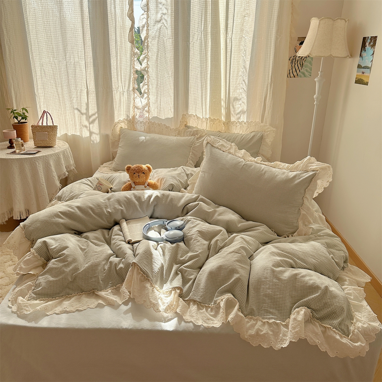 91家纺网 家纺一手货源 找家纺 丽涵家纺 2025新款法式花边全棉色织水洗棉小格子四件套 泡芙-绿格