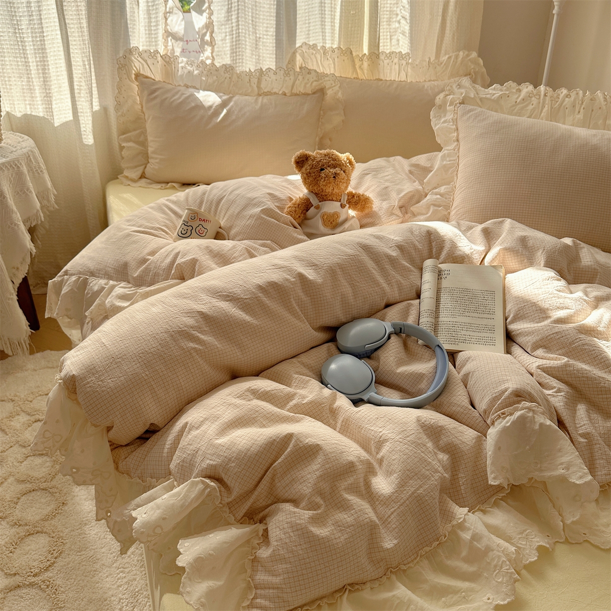 91家纺网 家纺一手货源 找家纺 （总）丽涵家纺 2025新款法式花边全棉色织水洗棉小格子四件套