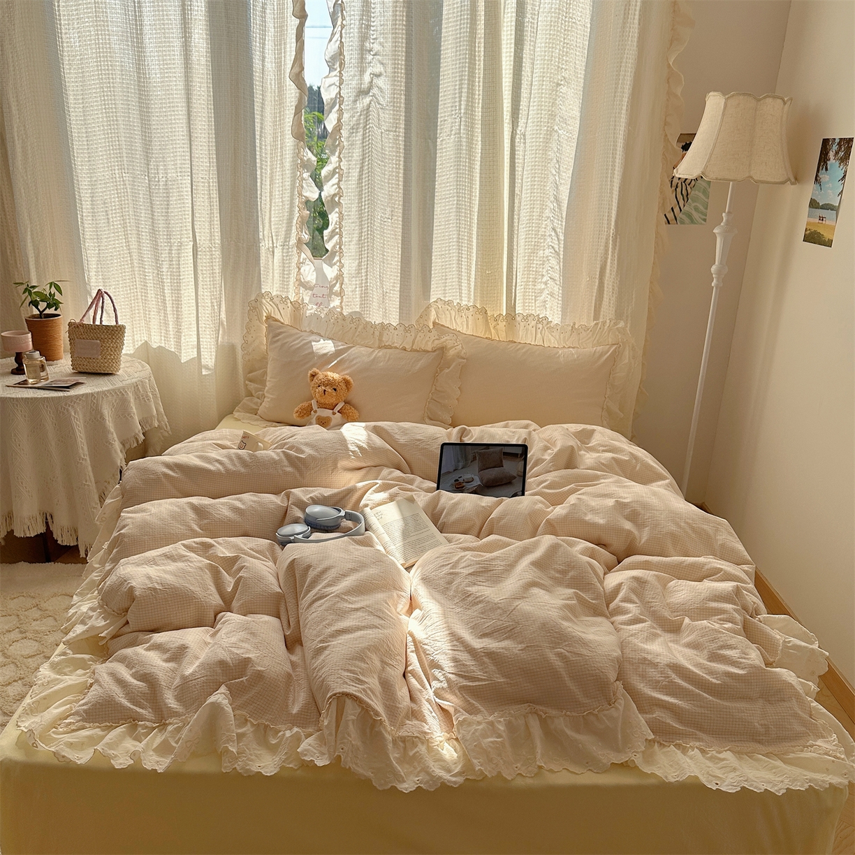 91家纺网 家纺一手货源 找家纺 （总）丽涵家纺 2025新款法式花边全棉色织水洗棉小格子四件套