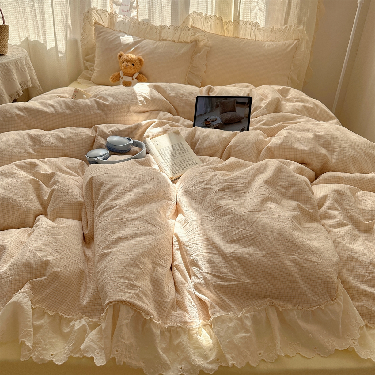 91家纺网 家纺一手货源 找家纺 （总）丽涵家纺 2025新款法式花边全棉色织水洗棉小格子四件套