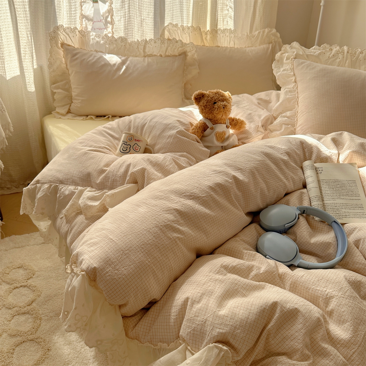 91家纺网 家纺一手货源 找家纺 （总）丽涵家纺 2025新款法式花边全棉色织水洗棉小格子四件套