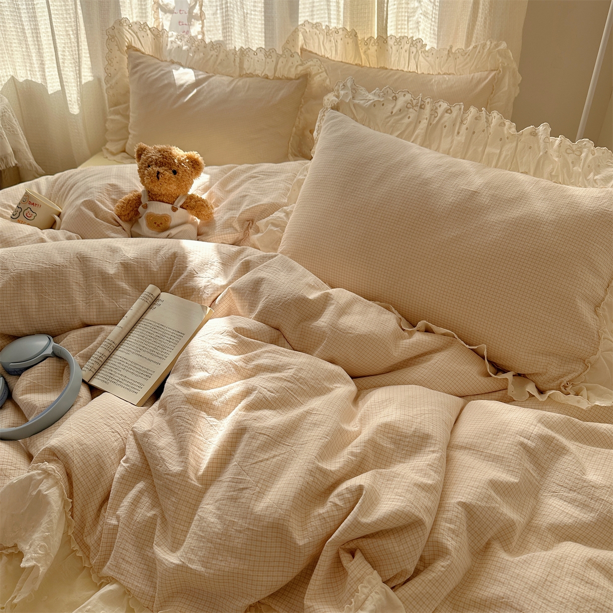 91家纺网 家纺一手货源 找家纺 （总）丽涵家纺 2025新款法式花边全棉色织水洗棉小格子四件套