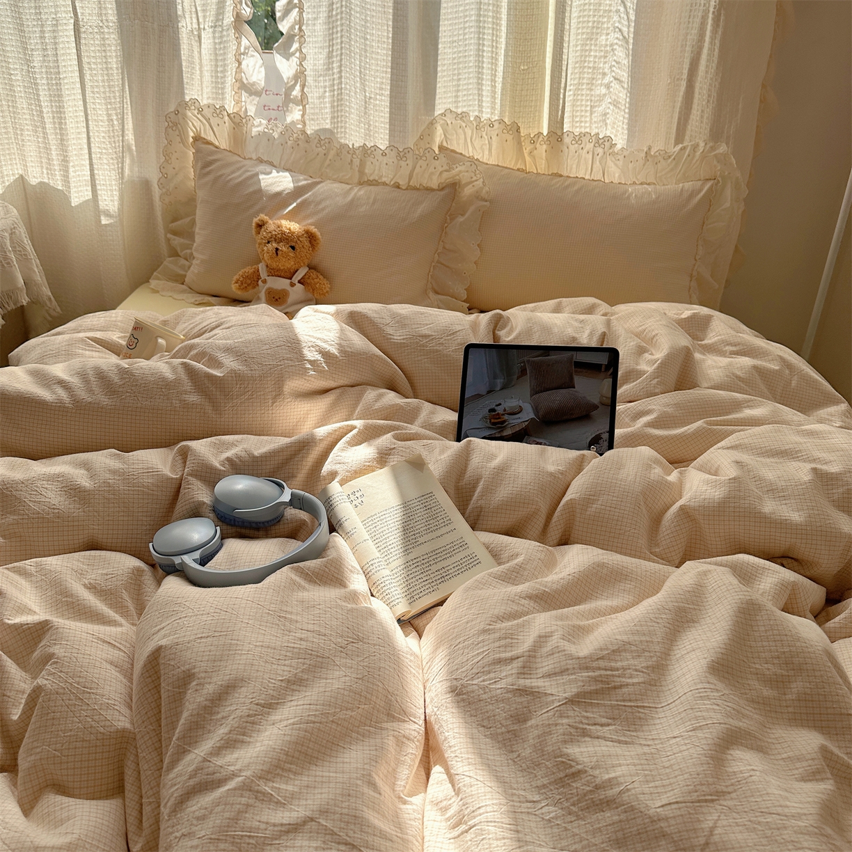 91家纺网 家纺一手货源 找家纺 （总）丽涵家纺 2025新款法式花边全棉色织水洗棉小格子四件套