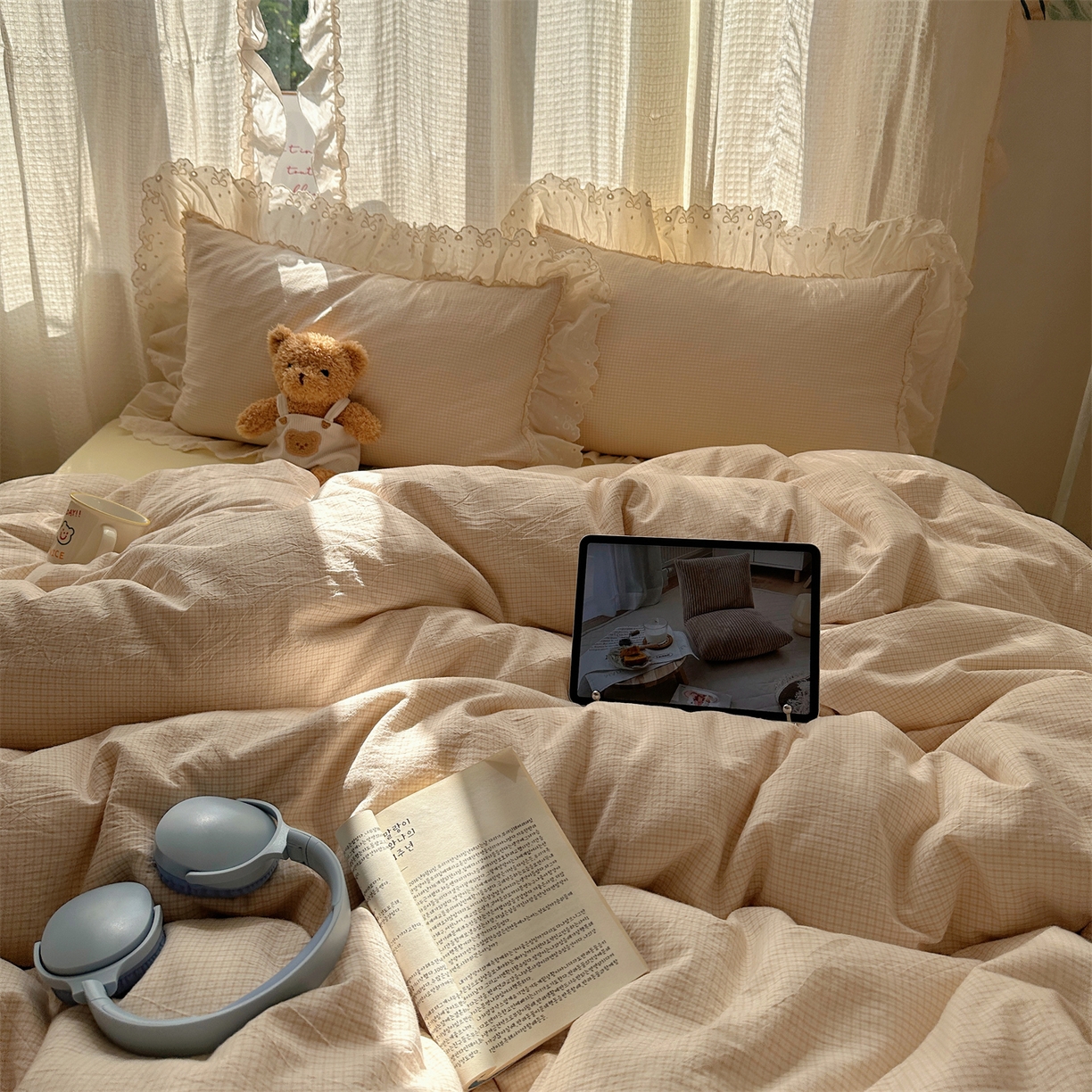 91家纺网 家纺一手货源 找家纺 （总）丽涵家纺 2025新款法式花边全棉色织水洗棉小格子四件套